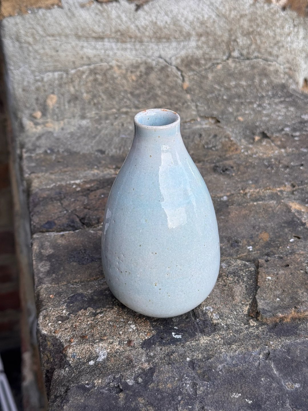 Teardrop shaped vase, pale turquoise on speckled clay, view 2