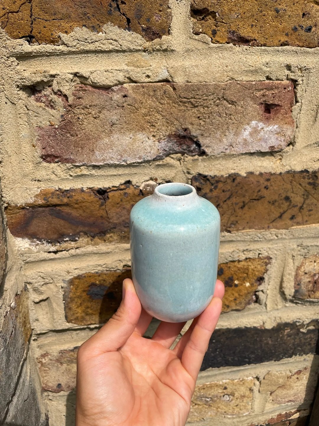 Bud vase with rounded shoulders and a narrow neck, pale turquoise, view 3