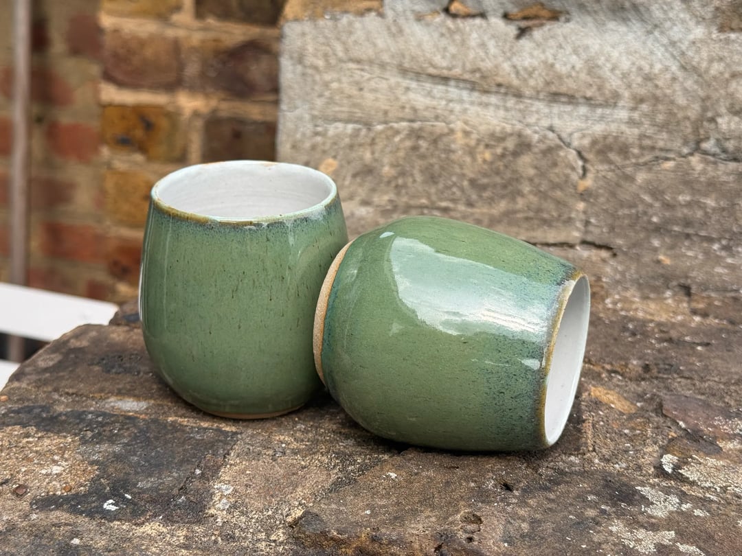 Egg-shaped cups, dual toned, viridian and white, view 1
