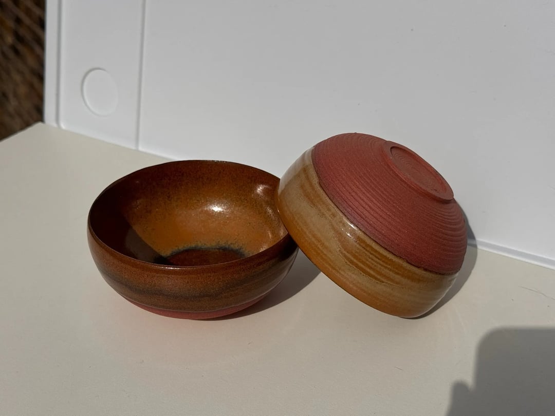 Small bowls with carved lines, caramel glaze on red clay, view 5
