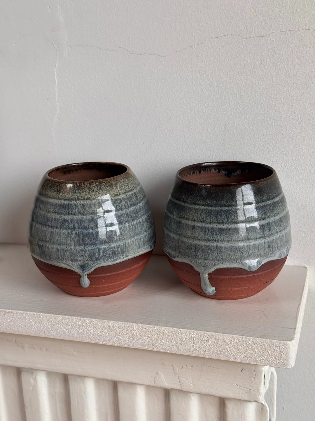 Egg-shaped cups with drippy glaze, misty-blue, view 2