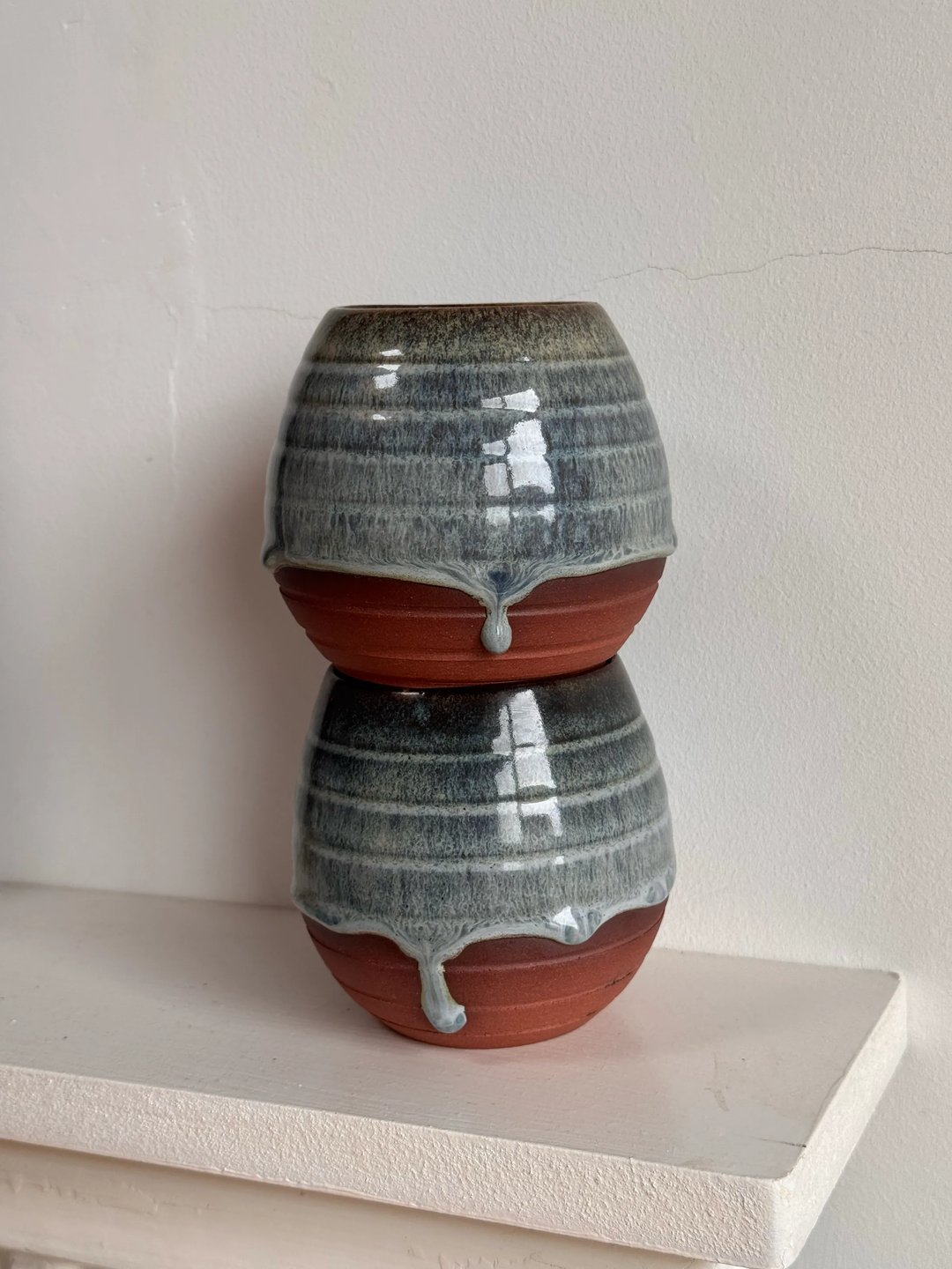 Egg-shaped cups with drippy glaze, misty-blue, view 1