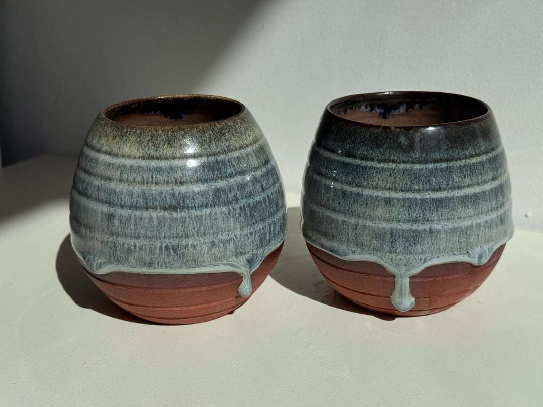Egg-shaped cups with drippy glaze, misty-blue, view 3