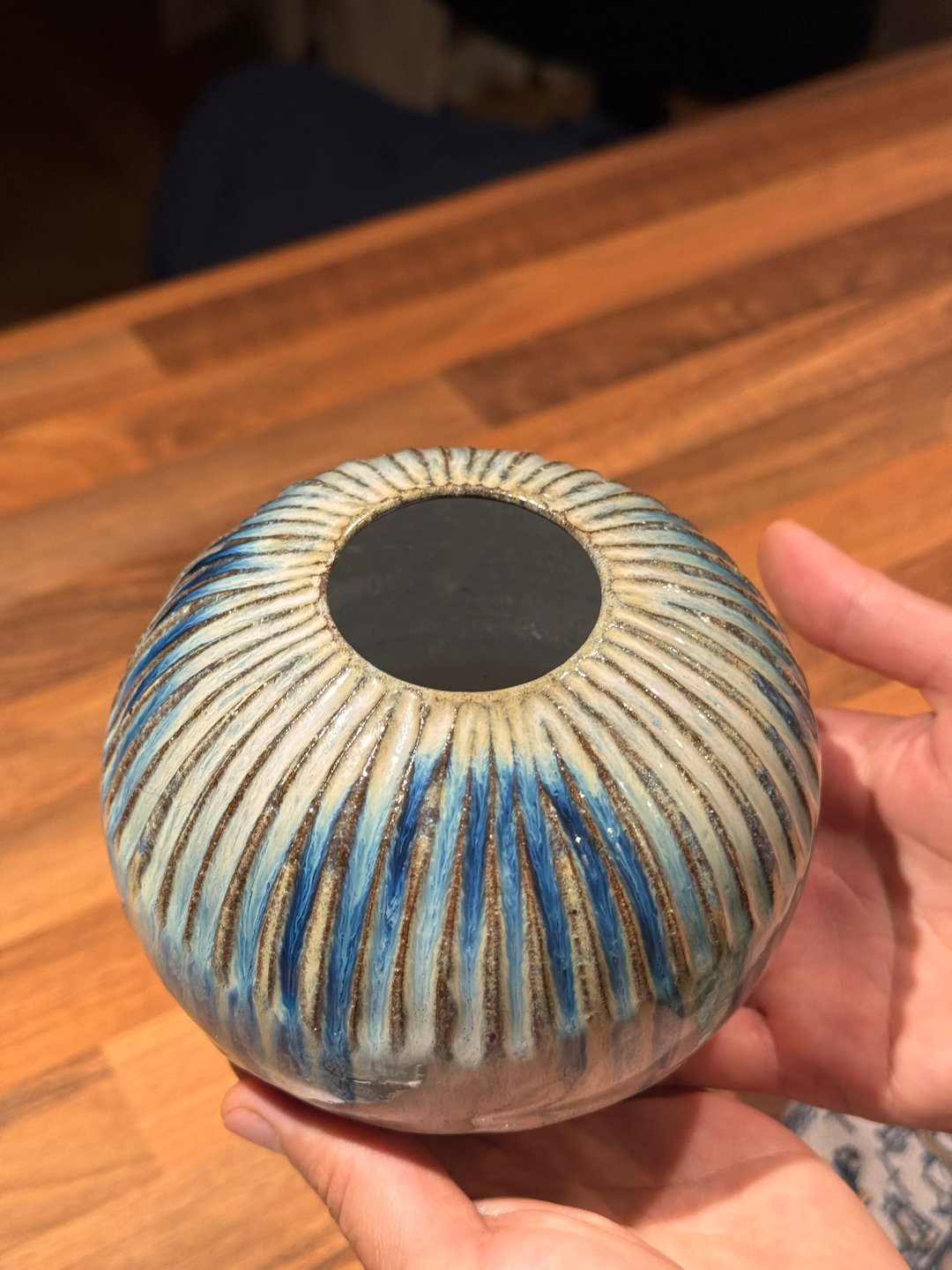 Spherical vase, hand-carved, cream with streaks of blue, view 2