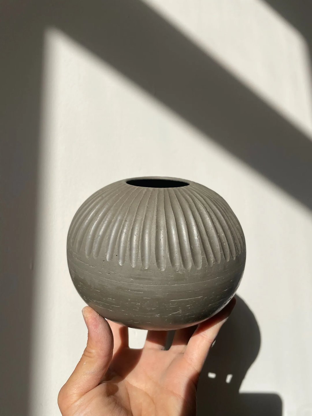 Spherical vase, hand-carved, cream with streaks of blue, view 5