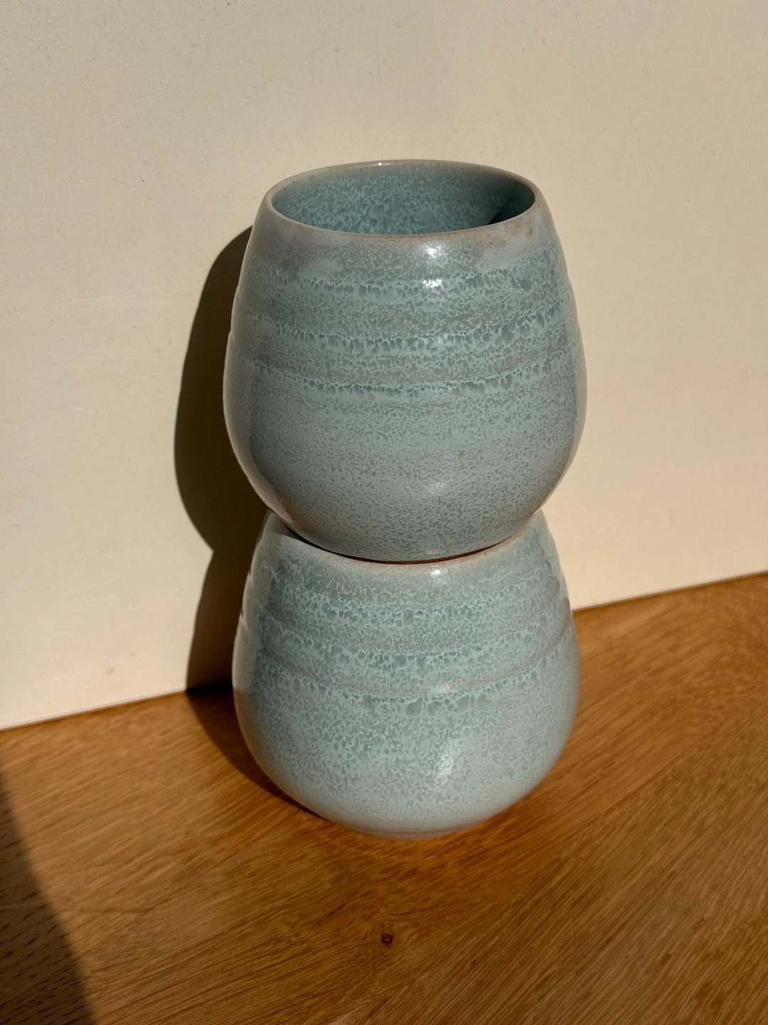 Egg-shaped cups with carved ridges, frosted turqoise, view 1