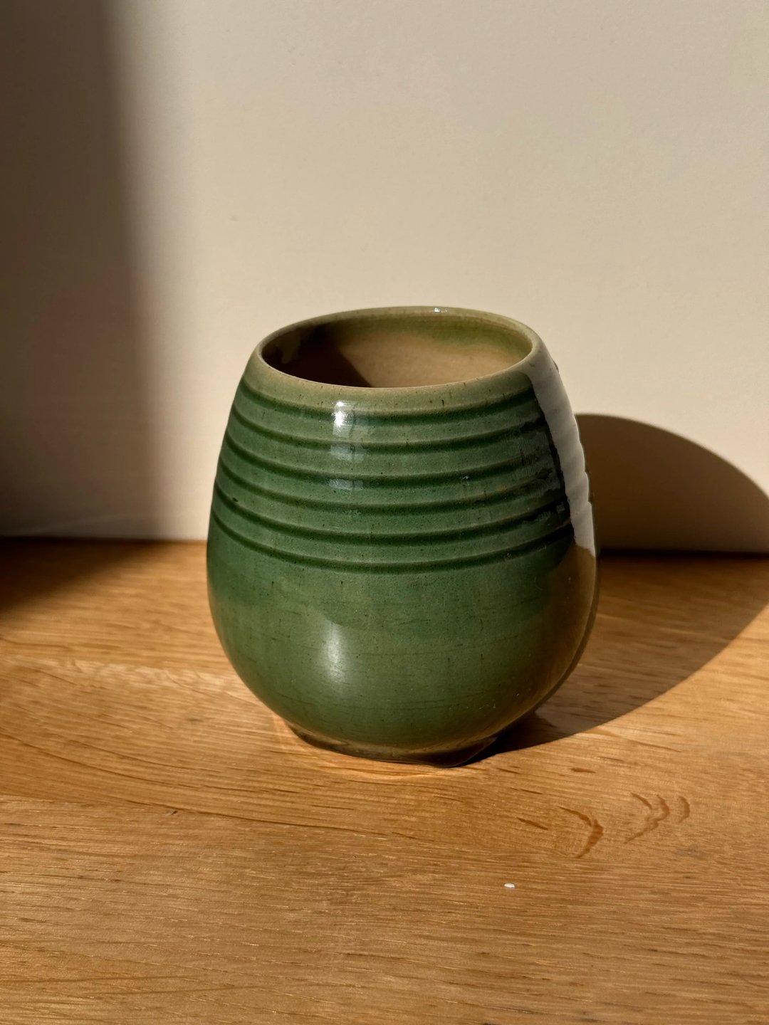 Egg-shaped cups with carved ridges, celadon green, view 2
