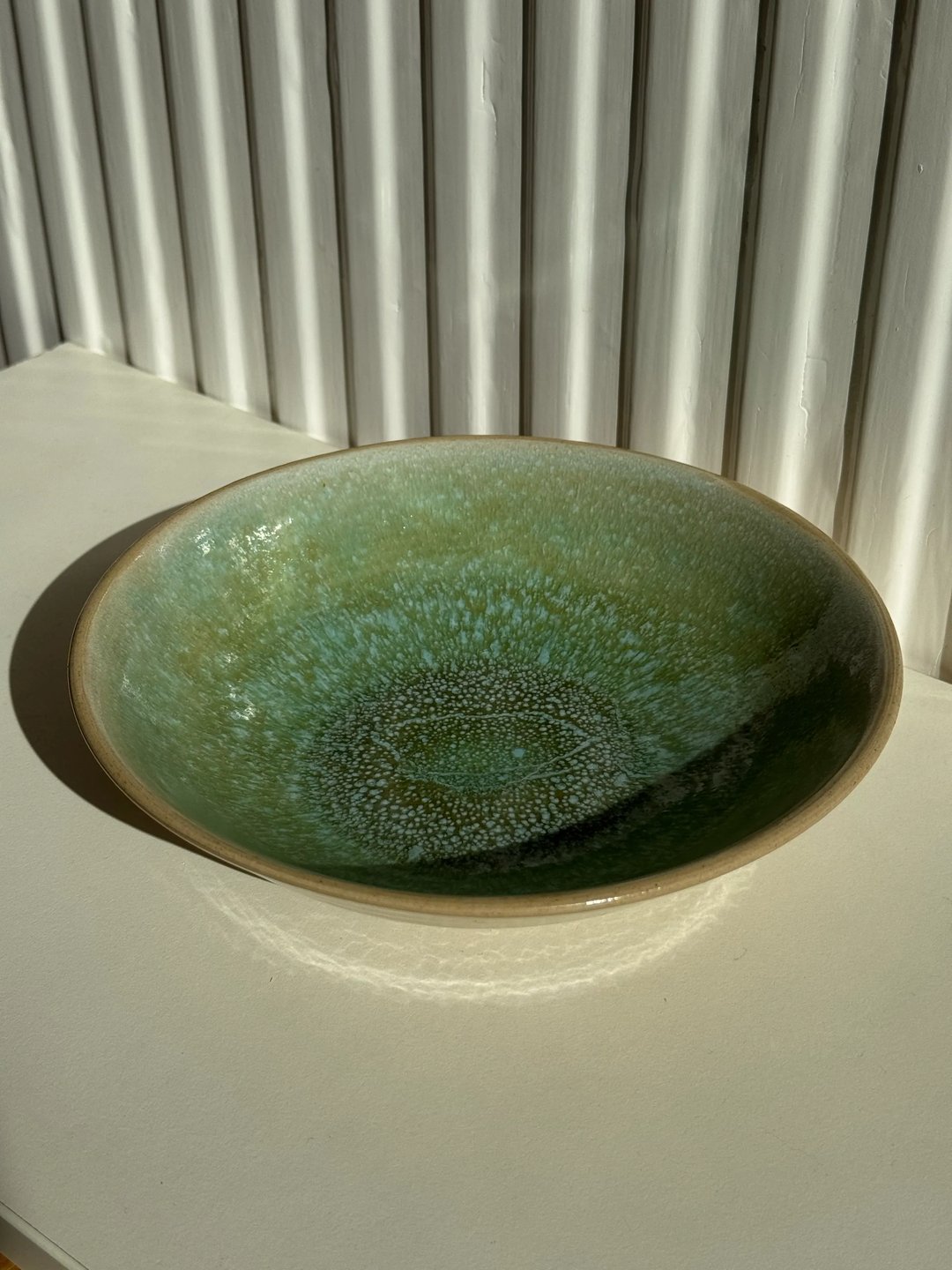 Curved wide plate, oatmeal outside, speckled sea glass inside, view 2