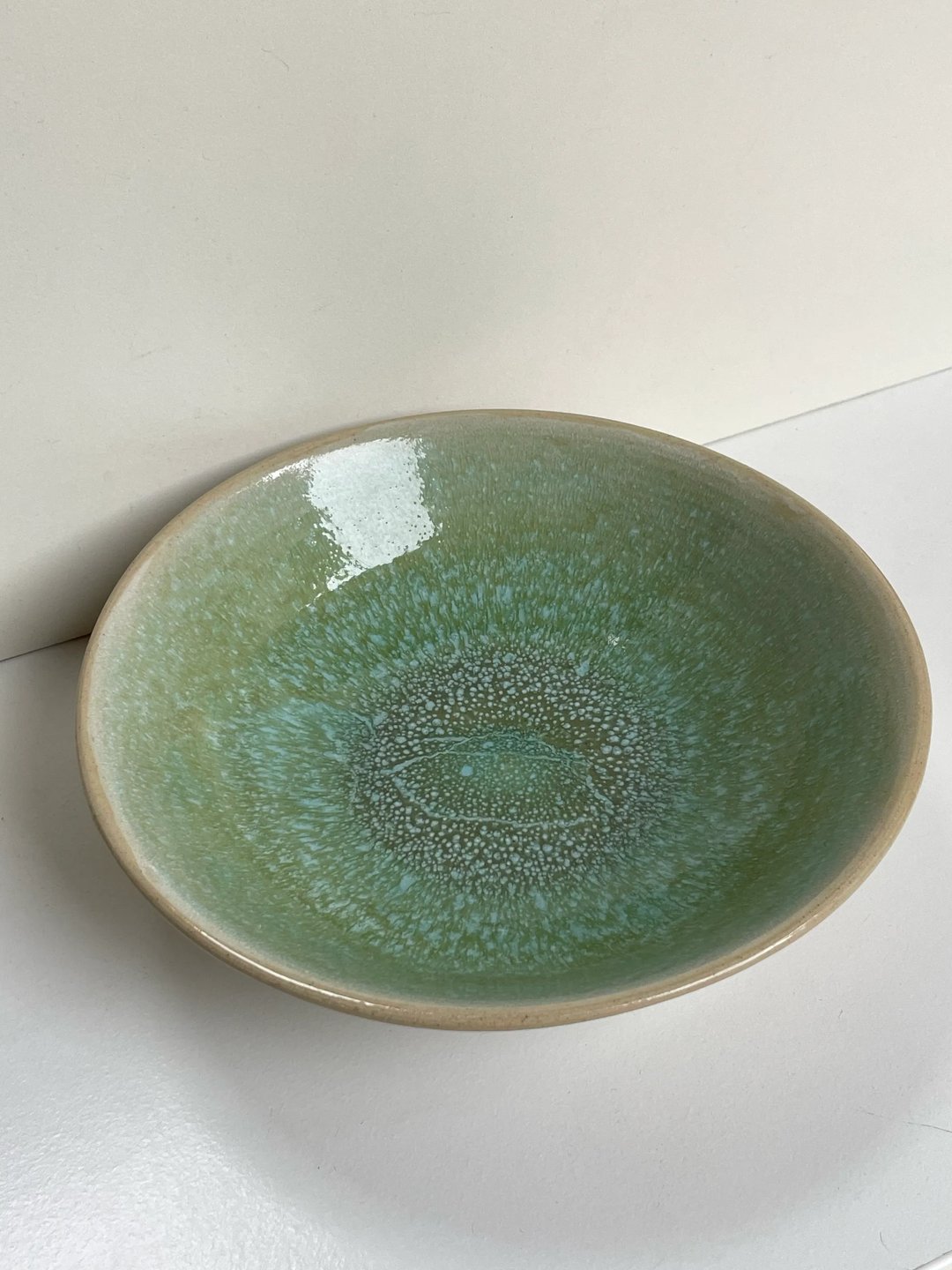 Curved wide plate, oatmeal outside, speckled sea glass inside, view 2